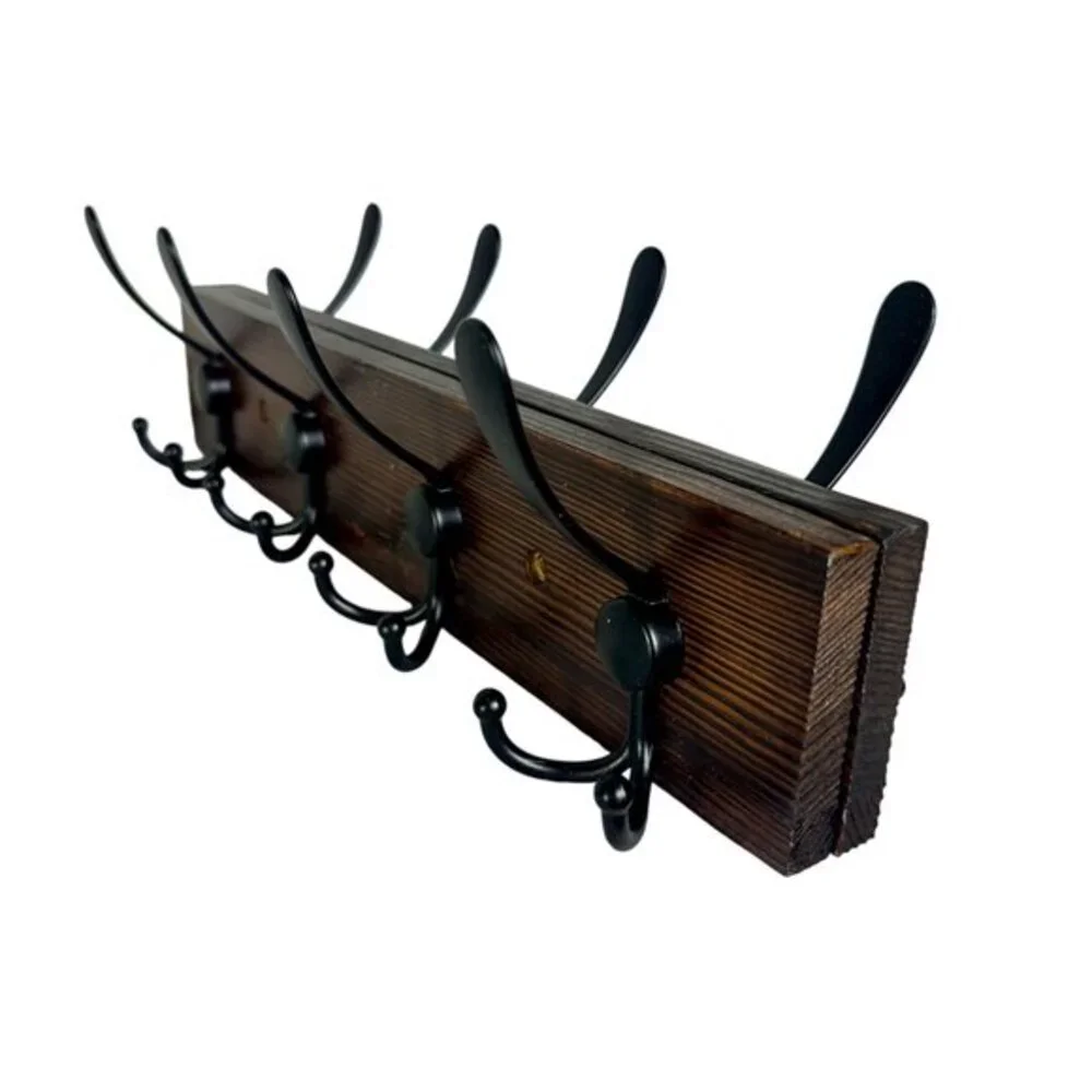 Folding Wood Wall Coat Rack Black Hooks Center Hinge 32